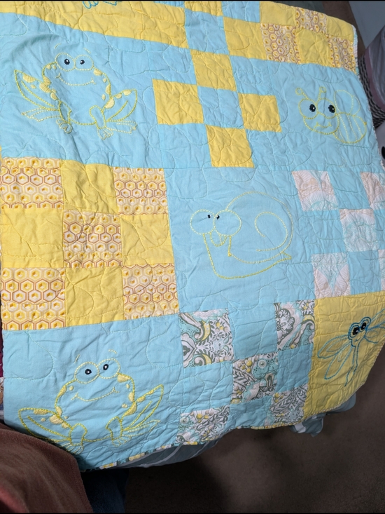 Handmade Other - Blue and Yellow Patchwork Baby Quilt with Animal Embroidery 56x52